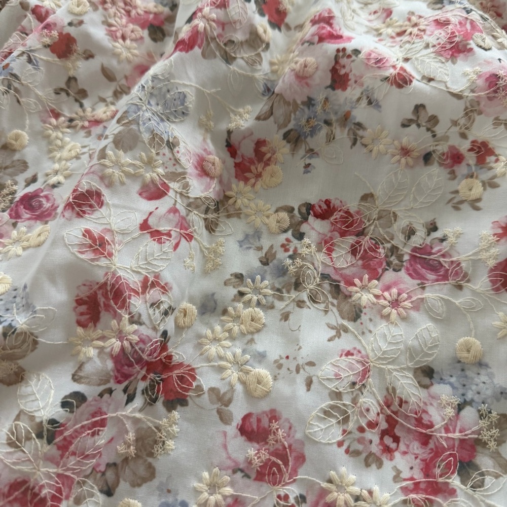 Just Me Embroidered Floral Tiered Midi Skirt White Pink Small Cottagecore Boho - Picture 2 of 8